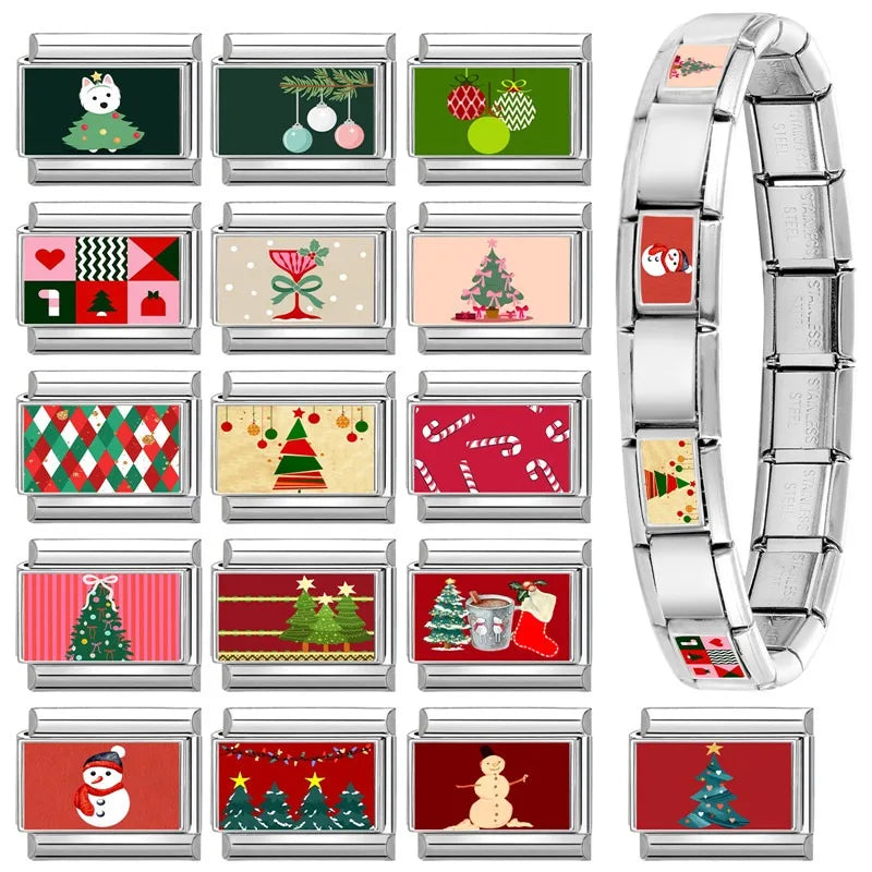 Fashion Christmas Charm Xmas Color Lights Trees Cane Candy Italian Charm Links Fit 9mm Stainless Steel Bracelet DIY Making Gifts Qme