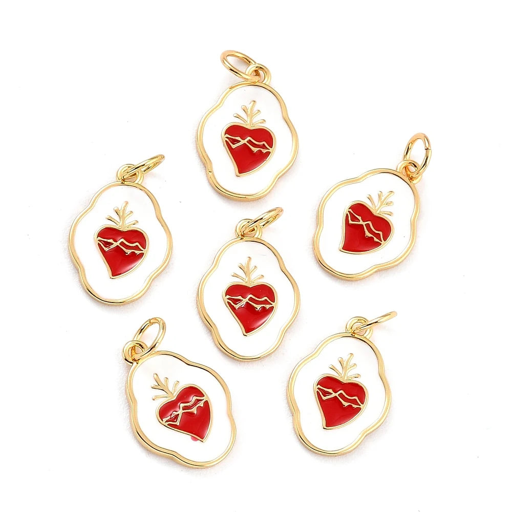 10pcs Brass Enamel Sacred Heart Oval Pendants, Cd/Pb Free Long-Lasting Plated, 16x11x1.5mm 3.6mm Hole for DIY Necklace Making Qme