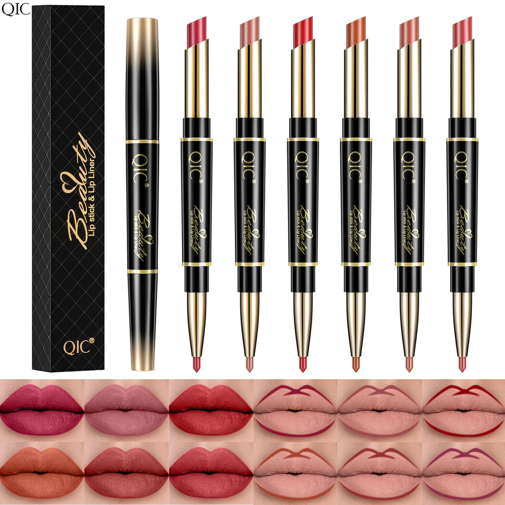 QIC Lipstick Lipliner Pen Matte Velvet Lip Liner Pencil Contour Makeup Sexy Red Lip Stick Long Lasting Cosmetics Qme