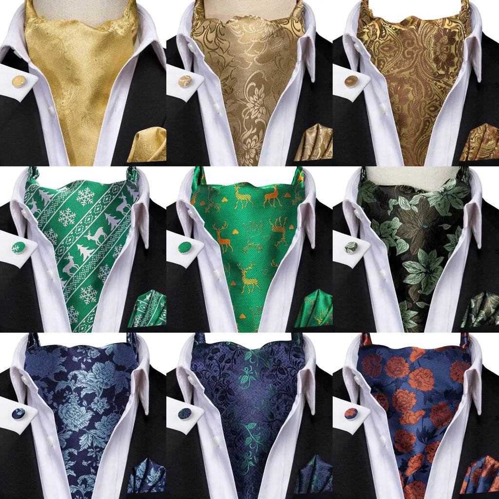 Men's Ascots Fashion Luxury Floral Cravat Cufflinks Handkerchiefs Qme