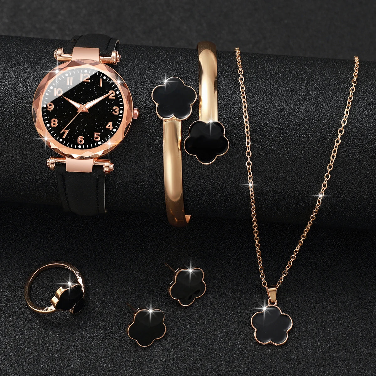6PCs/Set Women's Watch Fashion Digital Leather Quartz Watch with Unique Flower Jewelry Set Qme