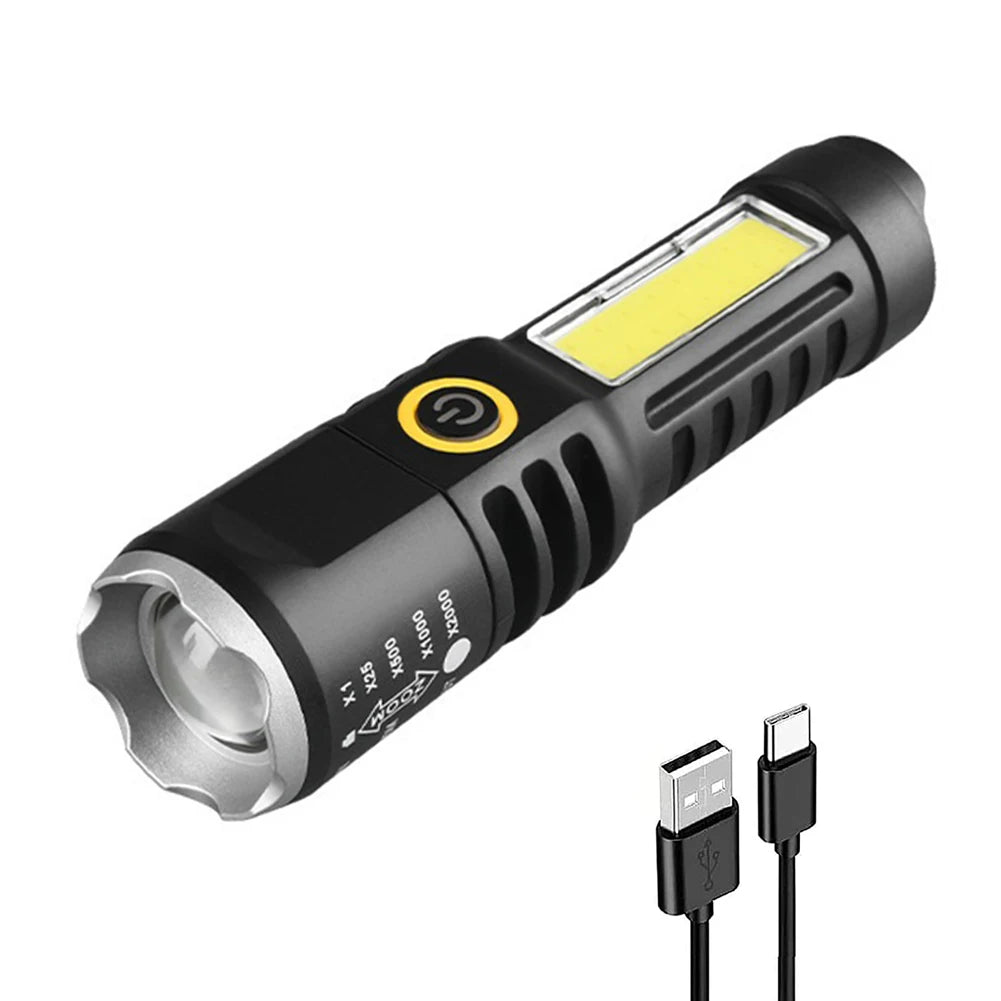 Waterproof Emergency Torch Telescopic Zoom XPE COB LED Torch Light Lamp Type-C USB Charging Torch Flashlight 4 Modes for Fishing Qme WHITE Silver