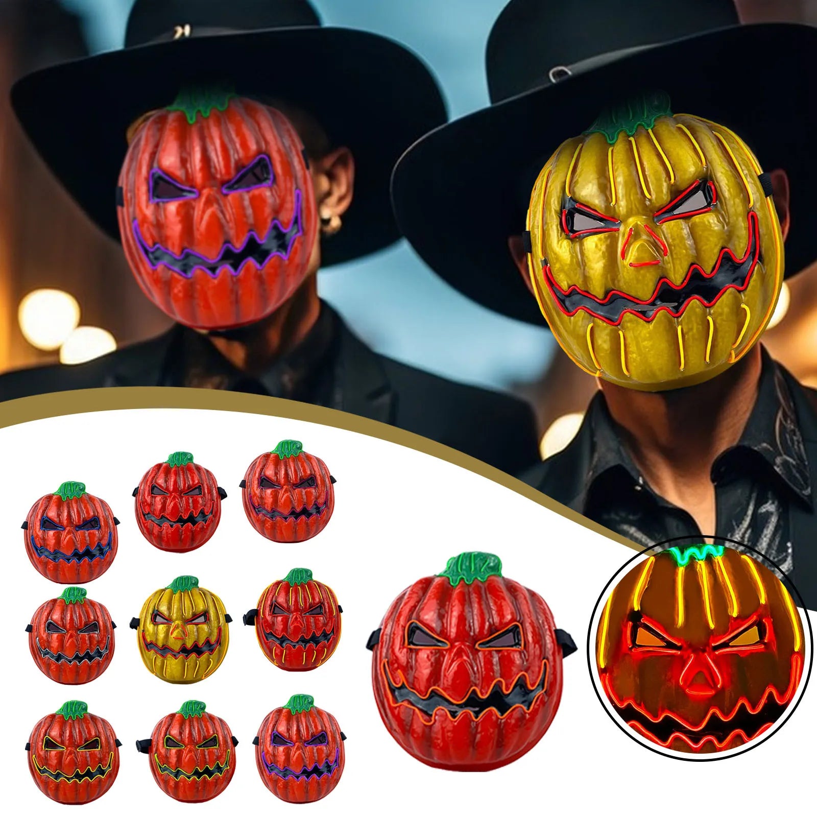 Creative Halloween Party Props Luminous LED Horror Mask Gloiwng Neon Pumpkin Head Mask Light Up Ghost Face Mask Scary Decoration Qme