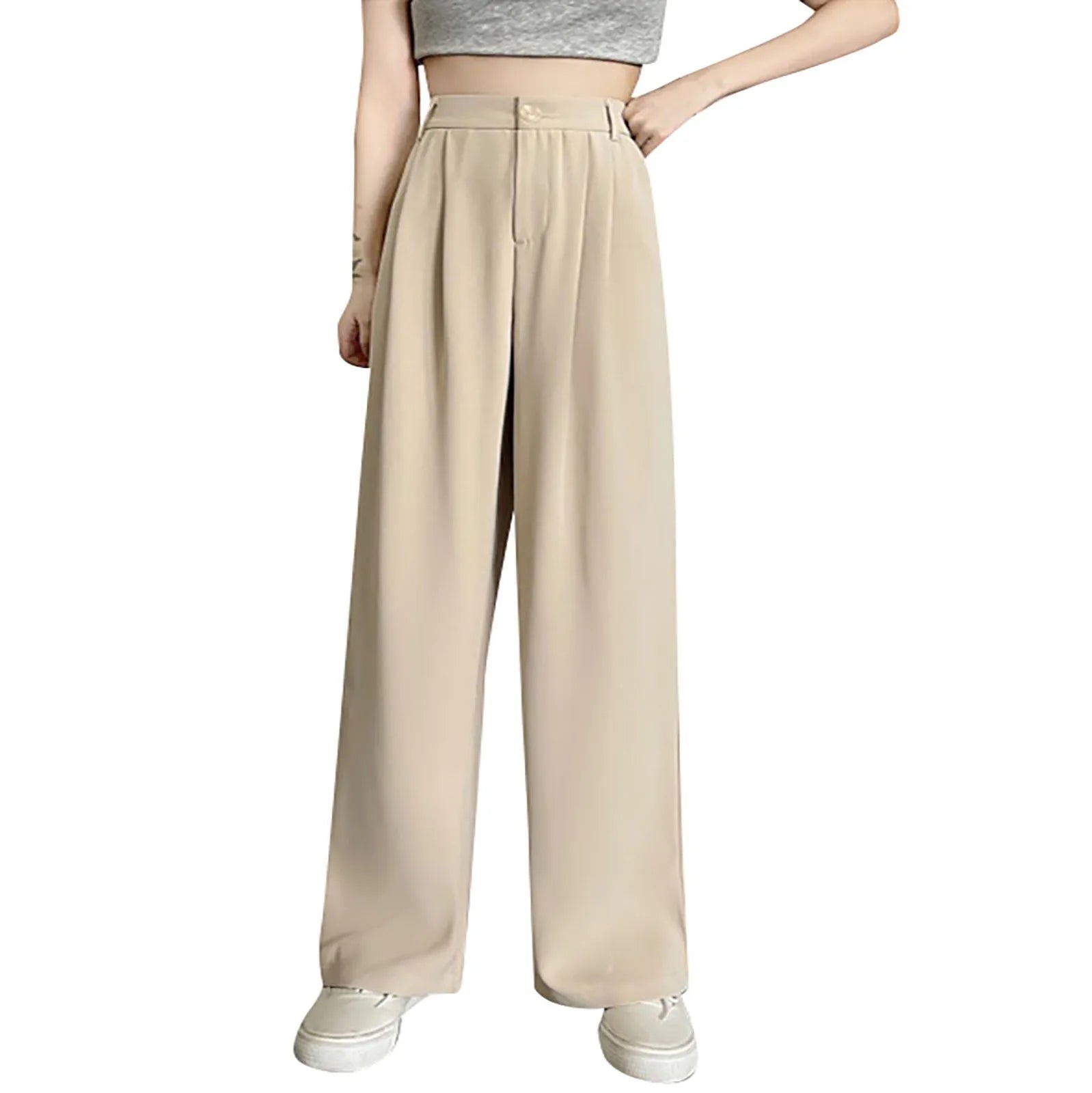 Solid Color High Waist Casual All-match Spring And Summer Daily Basic Commuting Suit Fabric Wide-leg Straight Pants For Ladies Qme Khaki XL