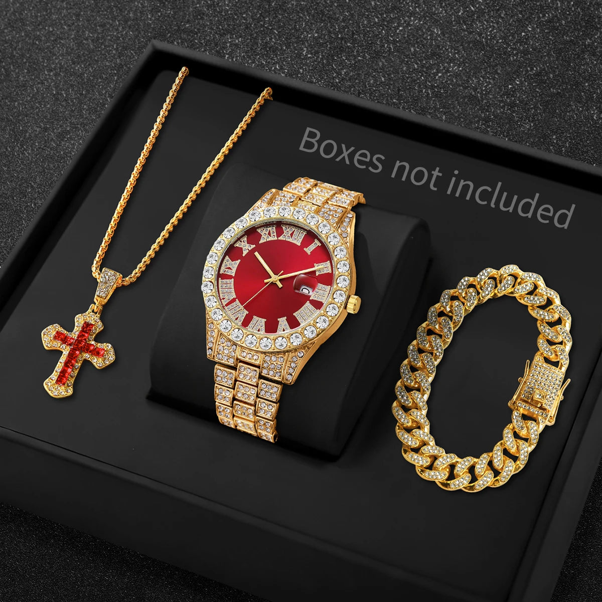 3Pcs/Set Men's Silver Iced Out Jewelry Set, Blue Dial Quartz Watch + Cuban Bracelet + Blue Cross Pendant Necklace, Qme Gold Red No Box