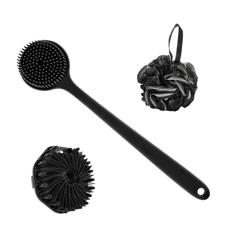 Bath Soft Silicone Back Brush Shower Sponge Scrubbing Handle Qme 3Pcs bath brush set
