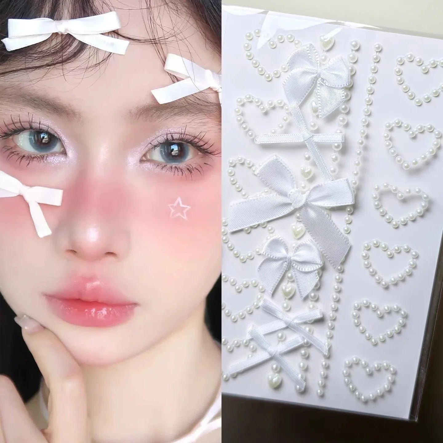 White Ribbon Bow Fashon Pearl Face Stickers Hollow Heart Pink Crystal Diamond Tattoo Stickers Body Arts Party Festival Makeup Qme White