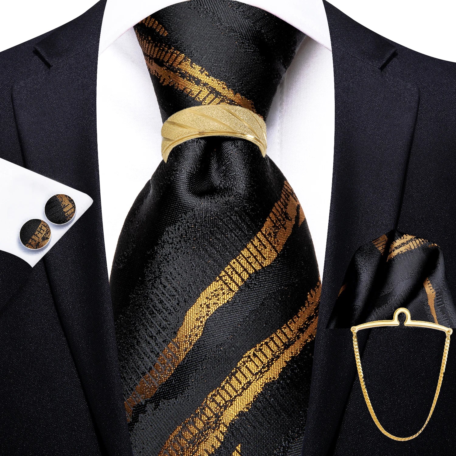 Hi-Tie 5PCS Mens Necktie With Hankie Cuffs Ring Chain-Gift Tie Set Fit Wedding Prom Office Fashion Design Quality Dropshipping Qme N-3397-DPTJ01-LZ01