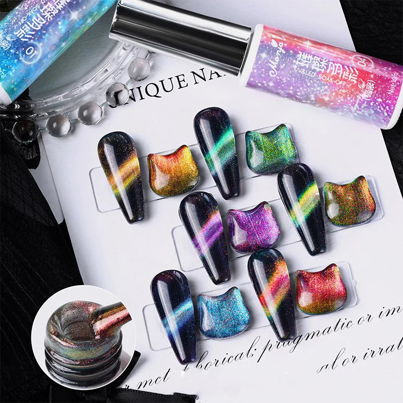 Dual-Color Rainbow Cat Eye Gel Nail Polish, 10ml Magnetic Glitter Gel for Glass Bead Effect, Shimmering Crystal Nail Art Polish Qme