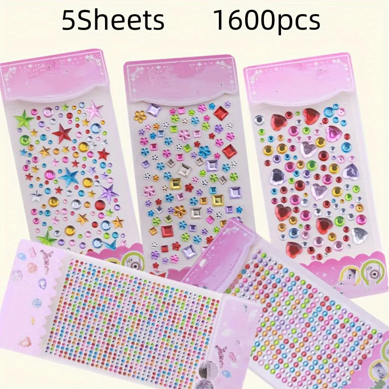 Self-adhesive Rhinestone DIY Stickers - Colorful Acrylic Gemstone Glitter Stickers, Multi-functional Reusable Craft Stickers Qme 5 pages of stickers