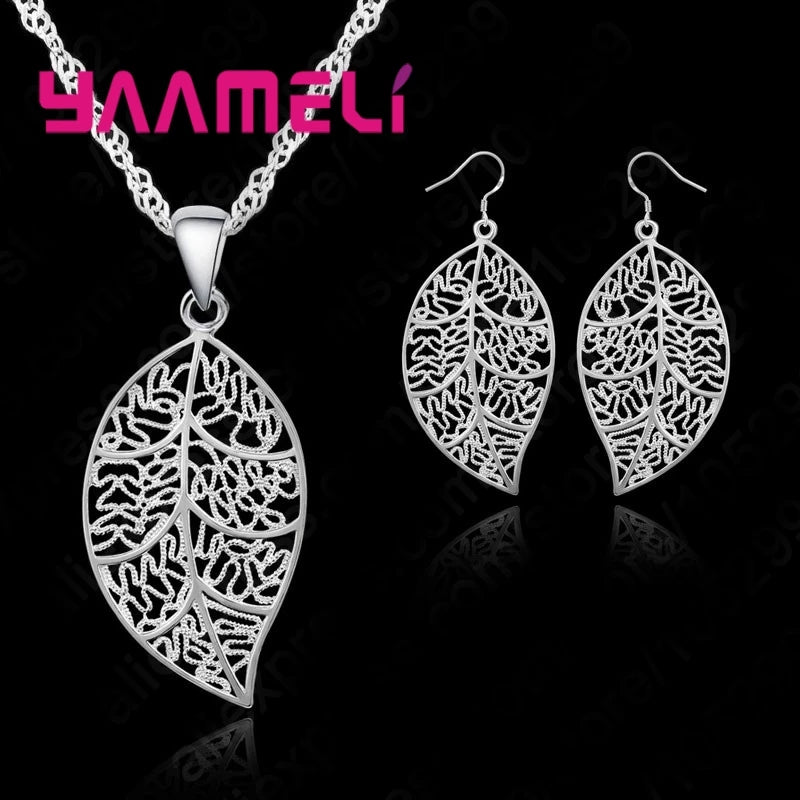 Genuine 925 Sterling Silver Color Jewelry Sets Earring Hook Leaf Pendant Necklaces+18" Singapore Chain for Women Girls Qme Default Title