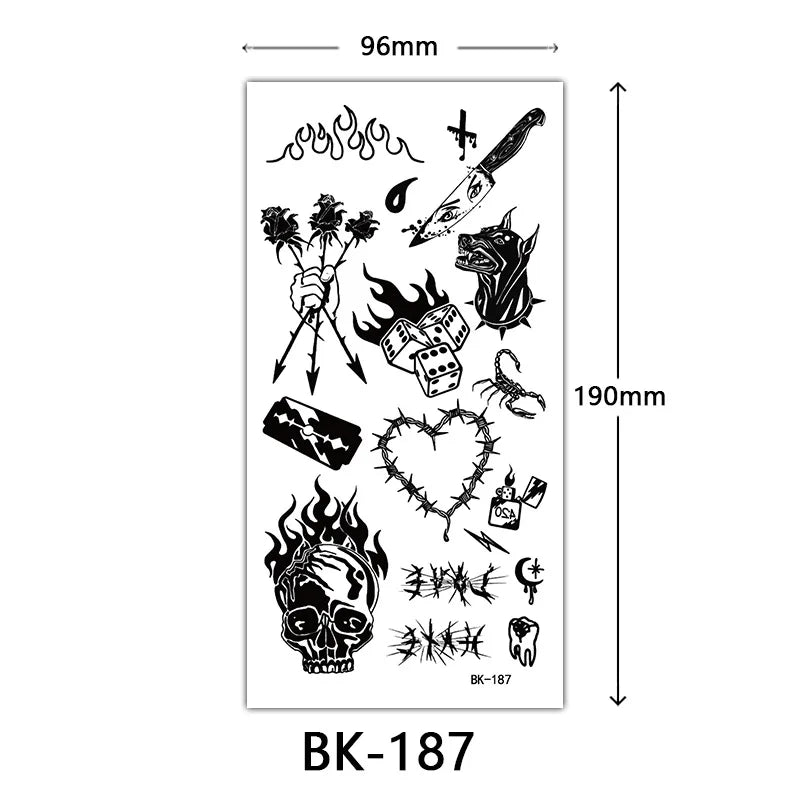Ghoic Style Temporary Tattoos for Women and Men Sketch Skull Flower Design Body Decals Realistic Halloween Cosplay Fake Stickers Qme