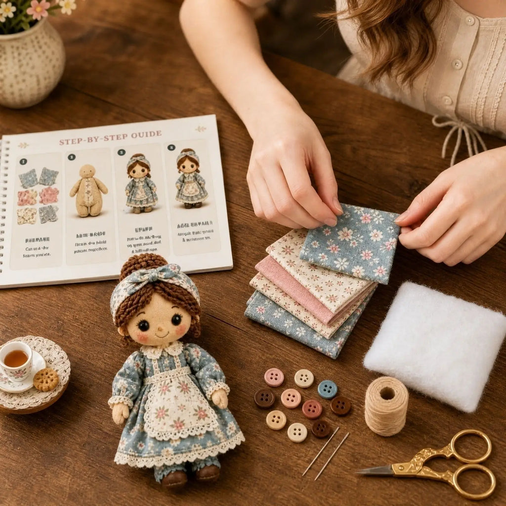 Doll Patchwork DIY Kit Complete Sewing Material Pack Fabric Accessory Set Handcraft Making Supplies for Beginner and Craft Lover Qme