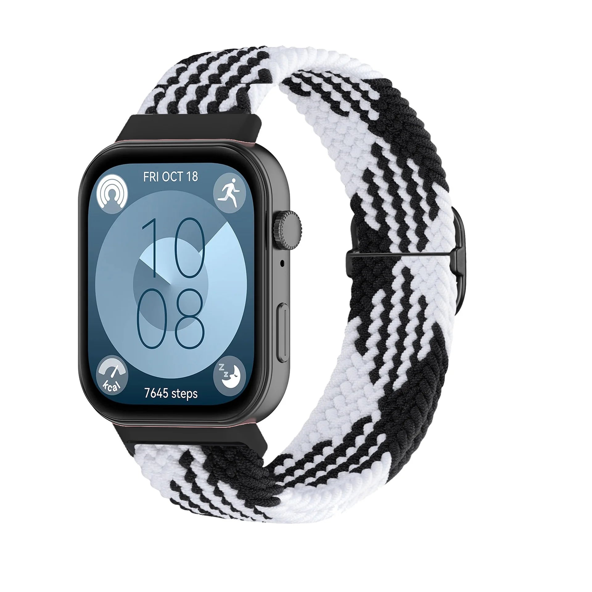 A Adjustable Comfort Nylon Woven Watch Strap with Stylish Metal Buckle Breathable Replacement Band for Huawei Smartwatch Qme black white buckle