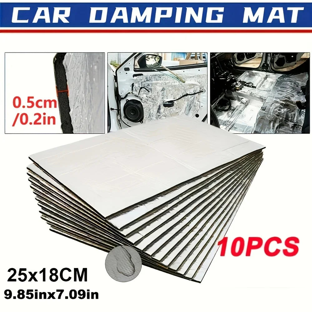 10pcs Heavy Duty Car Sound Deadening Mats, 9.85"x7.09", 5mm Thick – Fireproof Foam with Aluminum Coating for Noise Reduction Qme