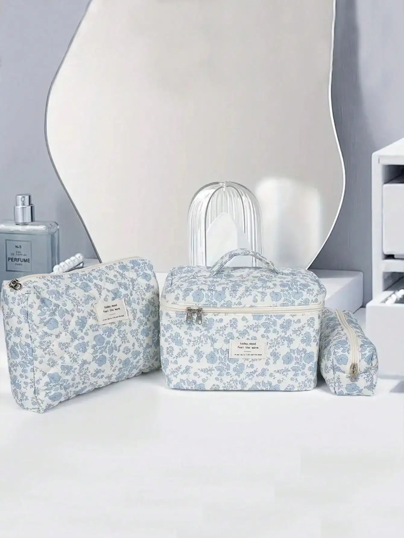 Large Capacity Makeup Bag Checkered Flower Stitching Cotton Storage Qme