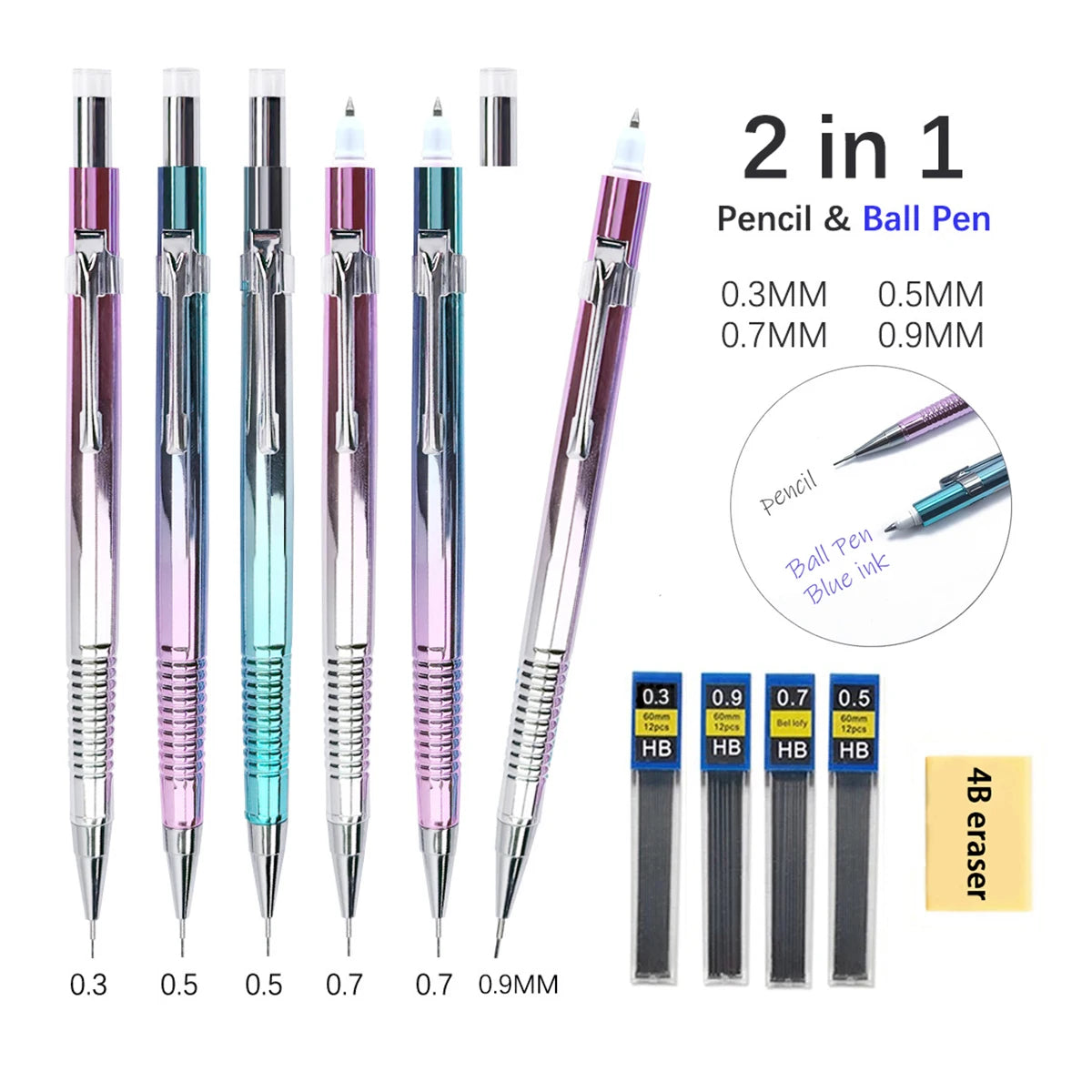 2-in-1 Double Tips Ballpoint Pen And Mechanical Pencils 0.3/0.5/0.7/0.9mm,1 Refills,1 Eraser,for Artist Drawing, Sketching Qme