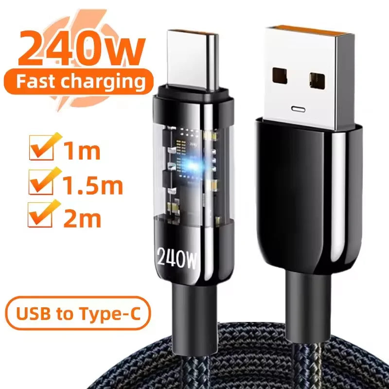 240W Type C To USB 10A Quick Charging USB C Cable Nylon Braided Transparent Type C Charger Wire for Samsung Huawei Xiaomi Line Qme