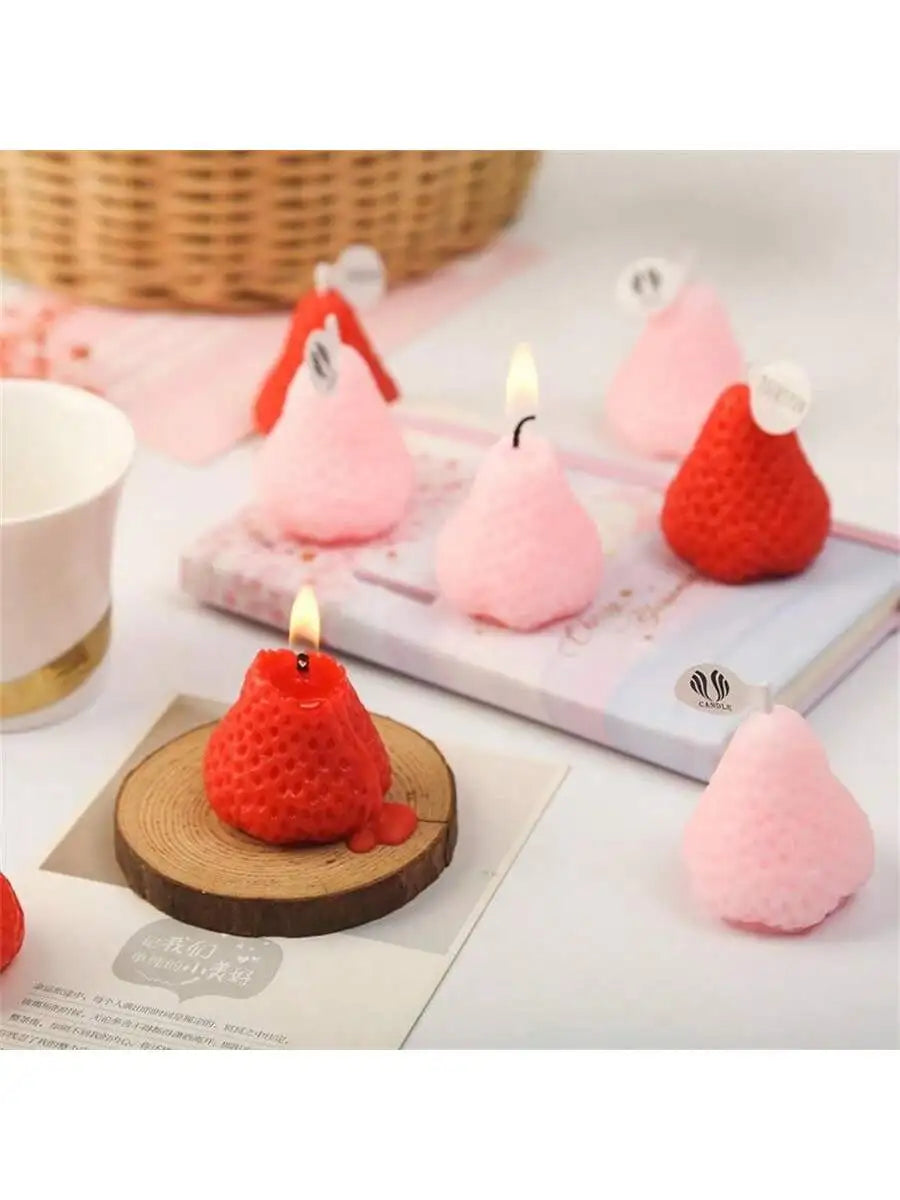 4 Strawberry Shaped Scented Candles Unique Soy Wax Sweet Taste Used Qme