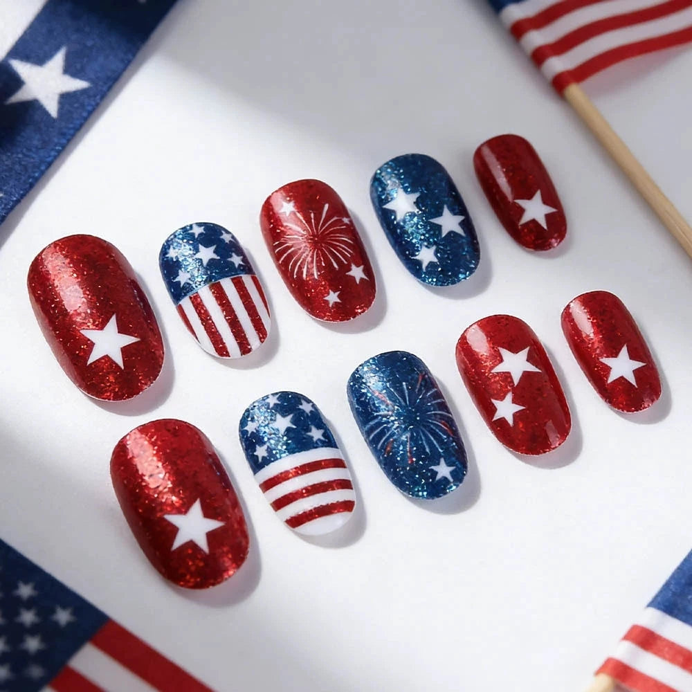 Independence Day Short Oval Nail Tips Glitter Star Firework Press On Nails Removable Reusable Fake For Women Daily Party Qme