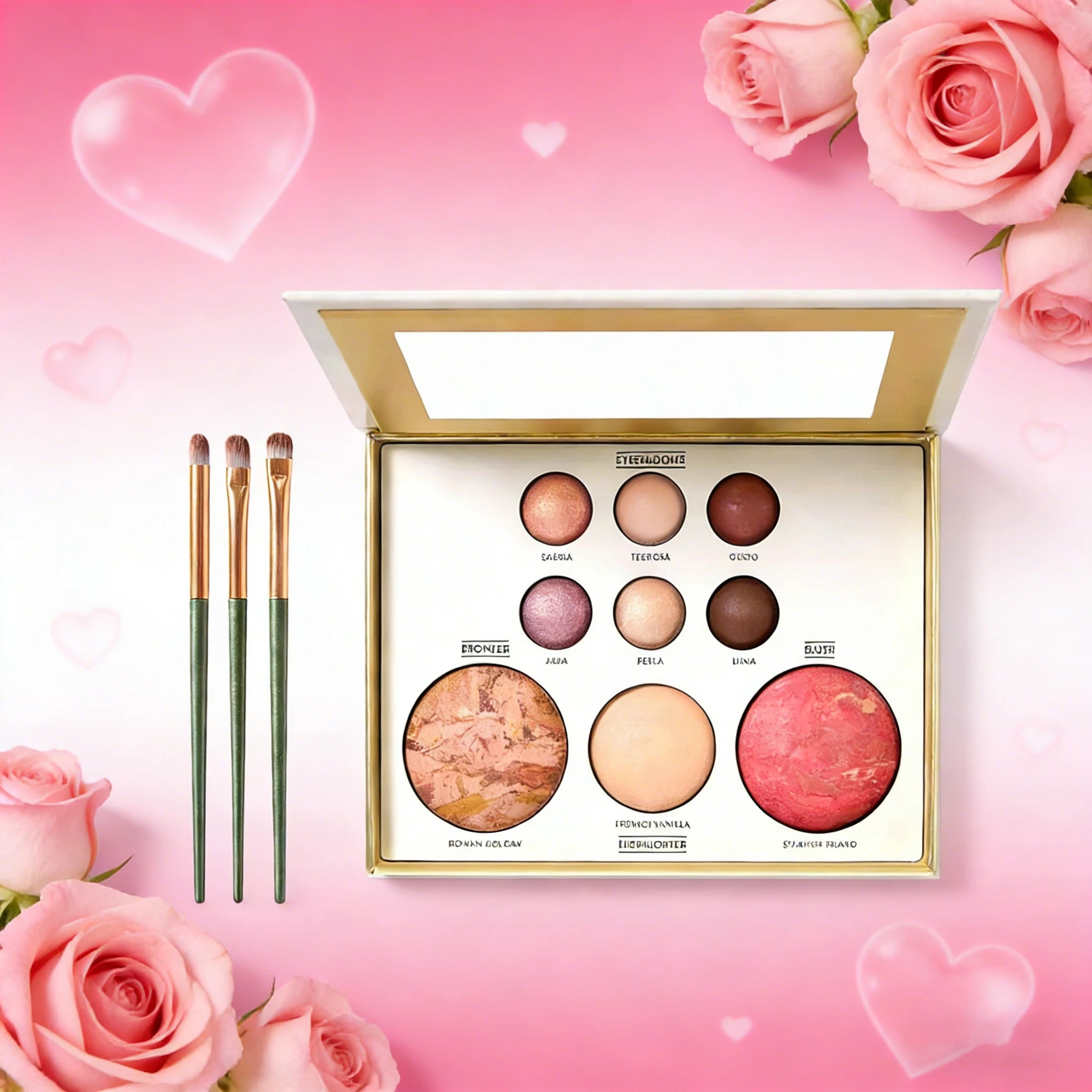 Multicolor Baked Powder Makeup Set Waterproof Brightening Setting Concealing Smudge Proof with 3 Pcs Brushes Valentine's Day Gif Qme 1pc