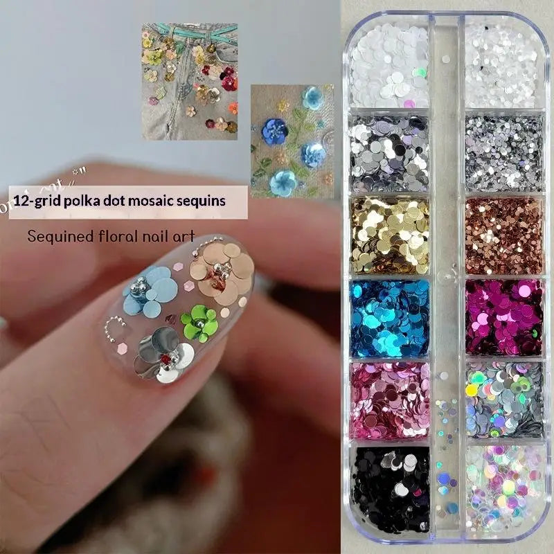Vibrant 12 Grids Circular Nail Glitter Colorful Flowers DIY Projects Qme 1
