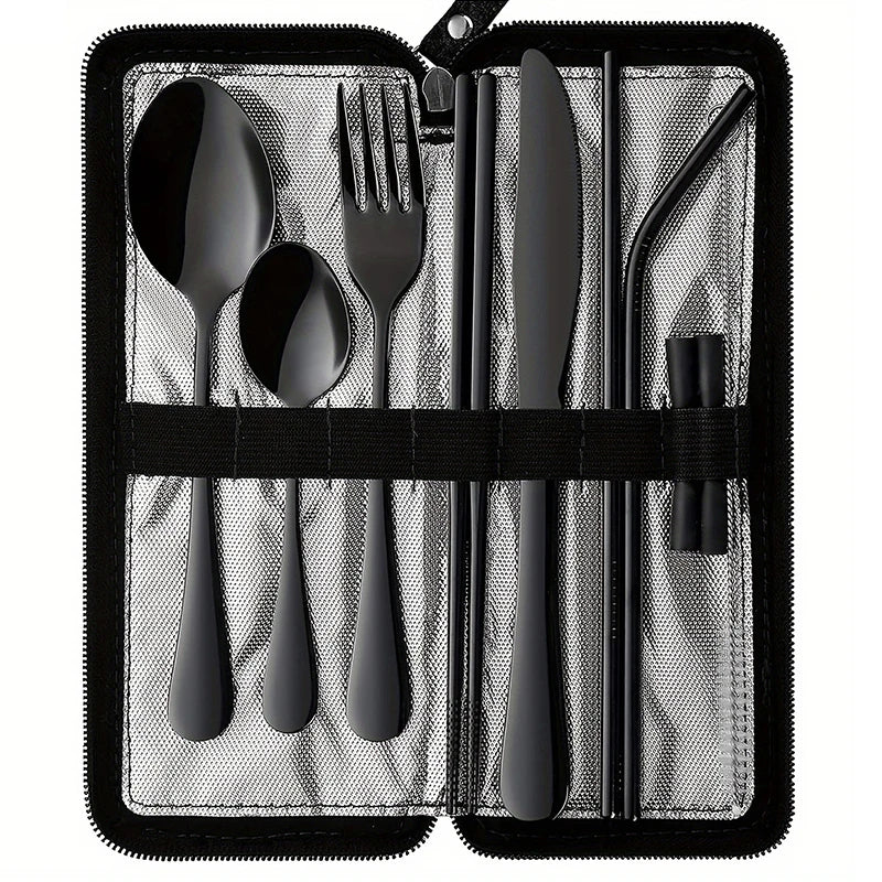 Portable Utensils Travel Camping Cutlery Stainless Steel Tableware Qme Black