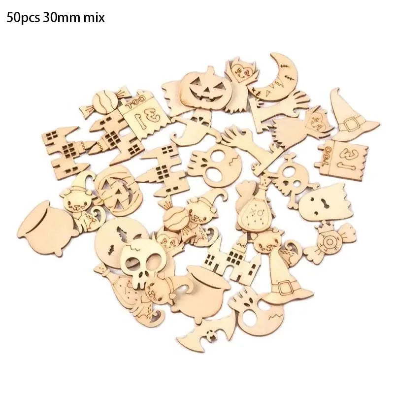 50pcs 3cm Mixed Halloween Ghost Hand/Caslte/Skeleton Wood Slices DIY Scrapbook Craft Party Decor Gift Handmade Accessories c4114 Qme