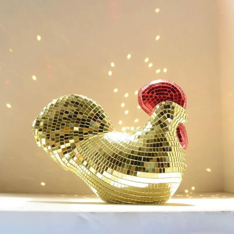 Creative Mirror Chicken Sculptures Statue Disco Ball RoosterShape Home Decor Ornaments Party Supplies Birthday Decorations Qme Gold