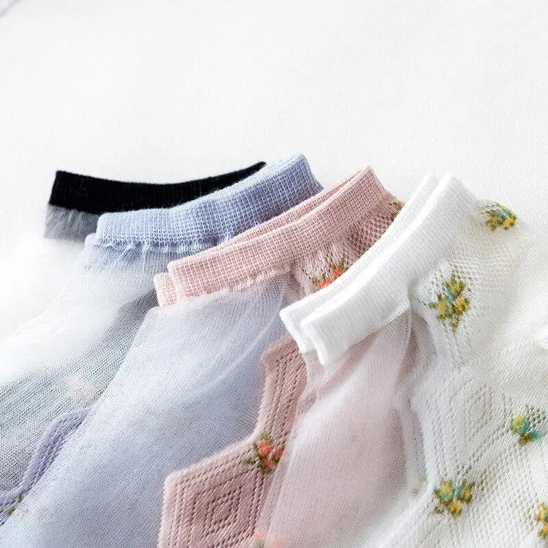 Women Fashion Summer Glass Stockings Thin Small Floral Card Silk Qme