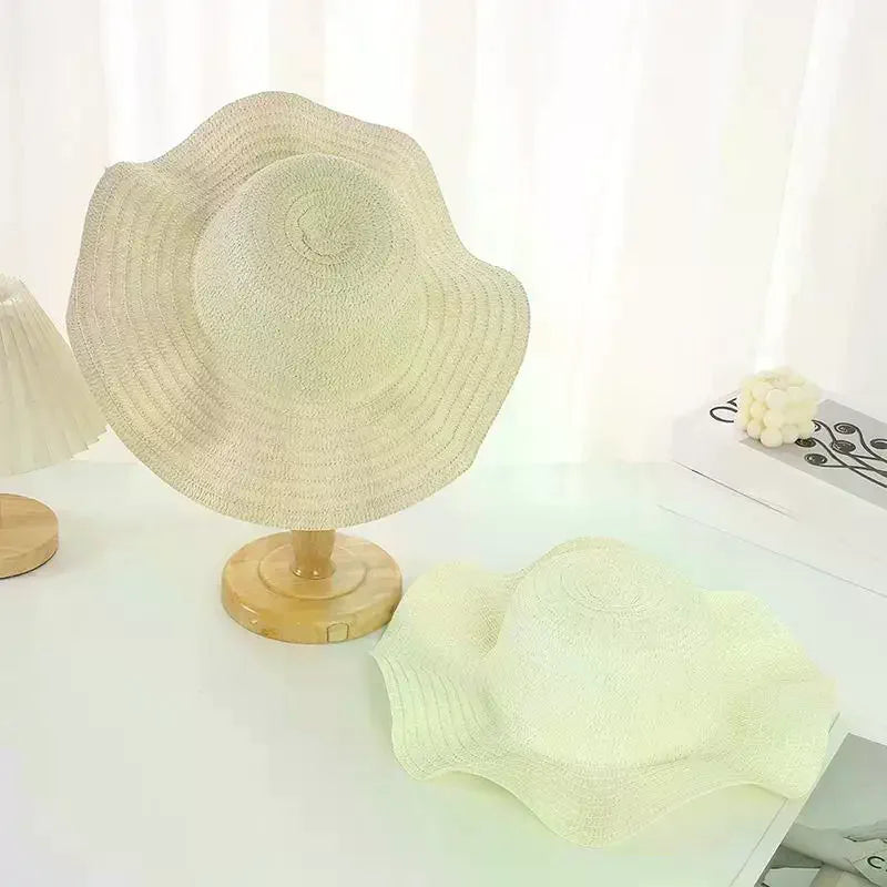 Summer Beach Wavy Edge Wide Brim Straw Hat Seaside Vacation Women Qme