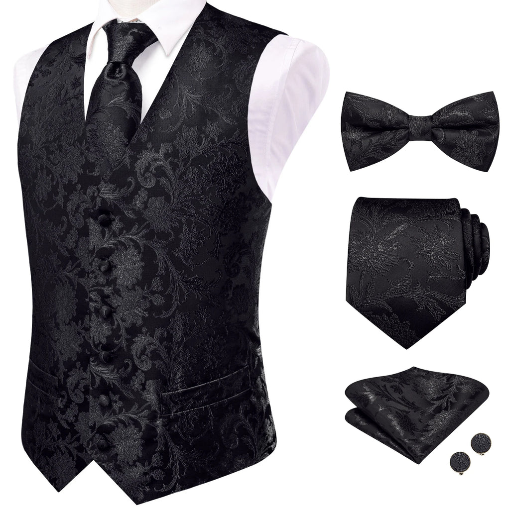 Men Black Grey Paisley Pattern V Collar Vest Full Wedding Party Qme