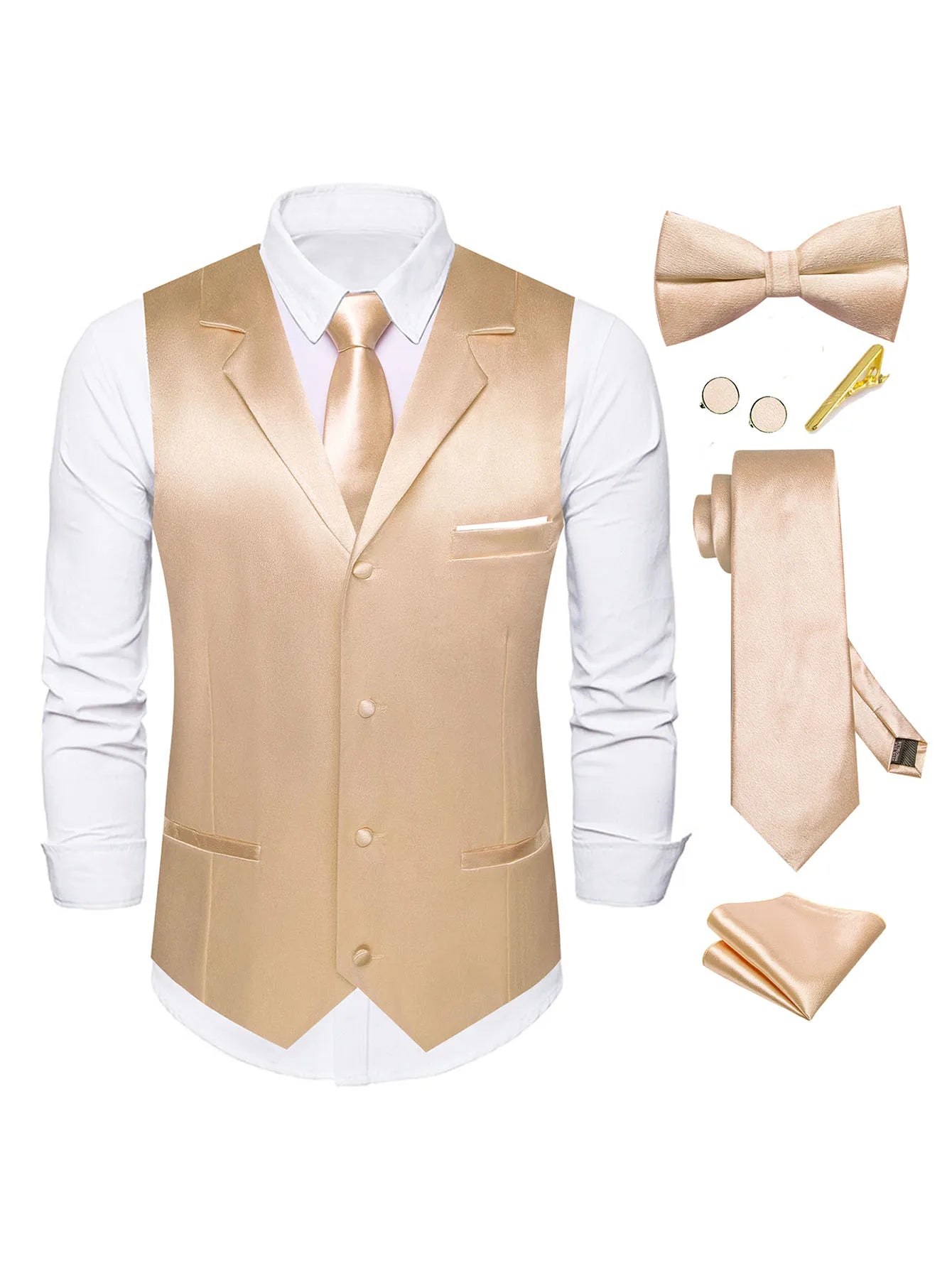 Men's Satin Vest Tie Hanky Cufflinks Bowtie Clip Formal Waistcoat Qme MJTZ3141-DPTLJ01 M
