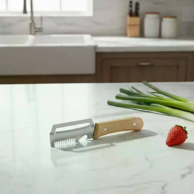 Multi-Functional Kitchen Vegetable Peeler - Stainless Steel with Natural Wooden Handle & Integrated Bottle Opener Tool Qme