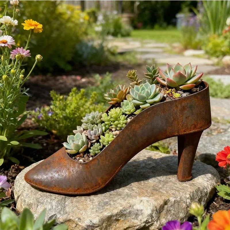 Rusty High Heel Flower Pot Retro Shoe Planter Decorative for Indoor Outdoor Garden Succulent Office Plants Home Decor Qme