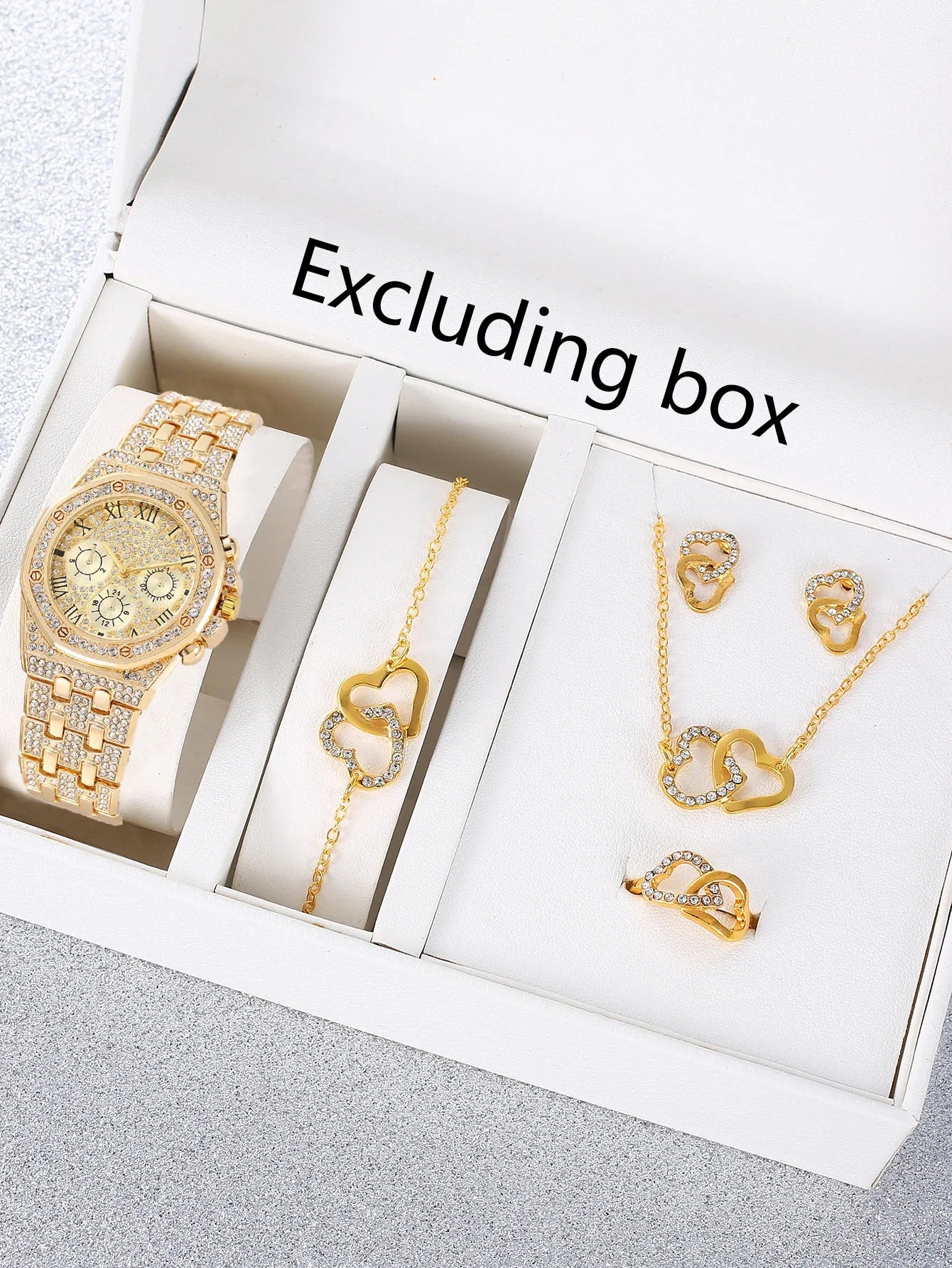 Full Diamond Roman Three Eye Quartz Women's Watch Double Ring Love Set Diamond Necklace Bracelet Earnail Ring Five Pieces Qme