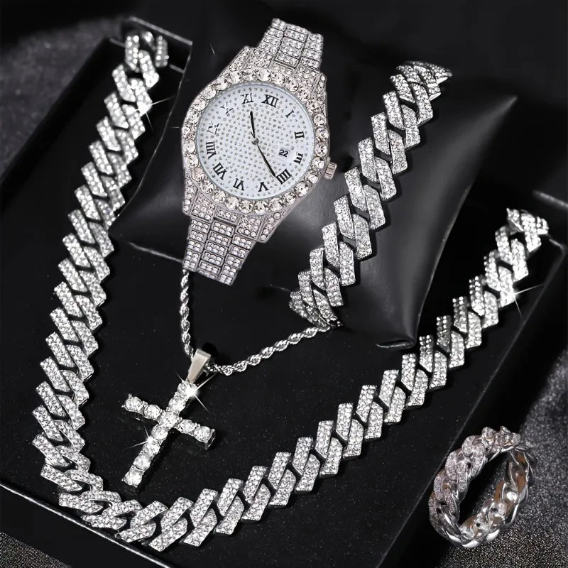 Men's Full Diamond Watch and Jewelry Combo Set, Iced Out Cuban Chain + Bracelet + Cross Pendant + Ring + Watch, Perfect Gift Qme