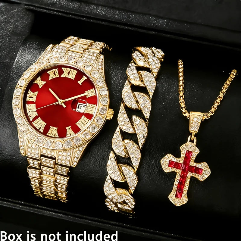 Men's Hip Hop Iced Out Jewelry Combo, Gold Plated Diamond Watch + Cuban Bracelet + Cross Necklace, Fashion Accessory Qme Bronze