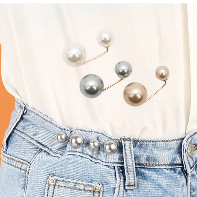 Women Tightening Waistband Pin Double Pearl Brooches Metal Lapel Pins Qme