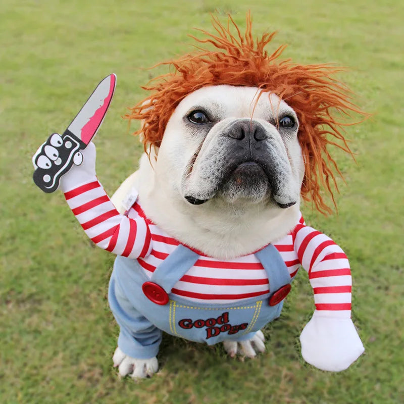 Small and Medium Sized Pet Dog Funny Clothes Cosplay Fatal Dolls Henshin Outfit Wig Upright Scary Costume Halloween Gatherings Qme