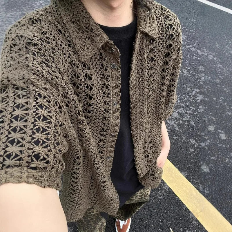 Men's Green Openwork Shirt Short-sleeved Jacket Summer Thin Retro Qme