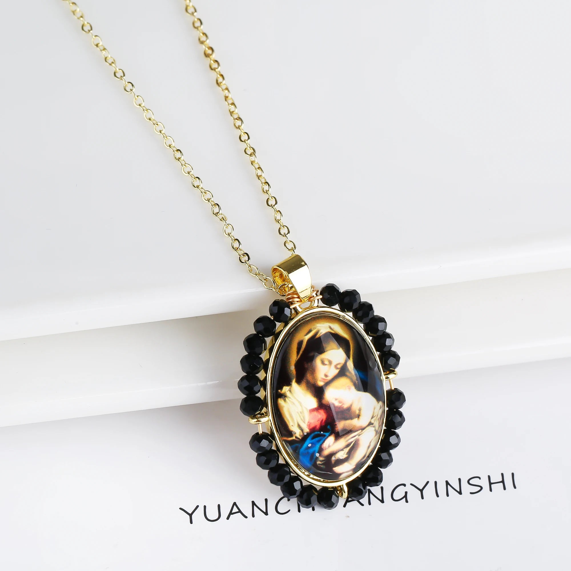 High Quality Hot Sale Religious Style Christian Catholic Image Pendant For Women Men Oval Shape Pave Beads Chain Choker Jewelry Qme 1