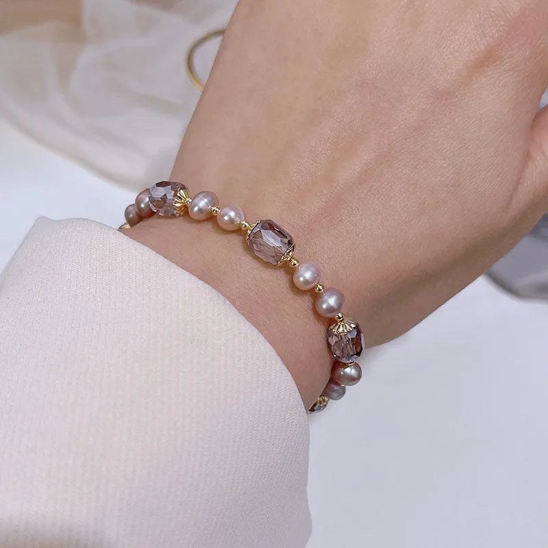 Elegant Pink Imitation Pearl Bracelets Exquisite Purple Crystal Beaded Adjustable Bracelets Bangle Female Wristband Accessories Qme