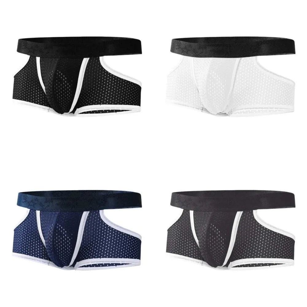 Quick-Drying Silky Fiber Men's Mesh Boxer Briefs Split Design Separation Male Ice Silk Panties Lingerie Four-Way Stretch Qme