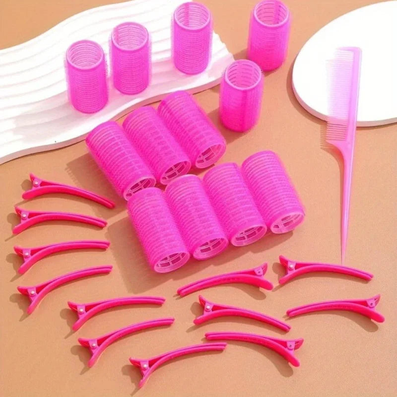 Self-adhesive hair curlers and clips set, consisting of 12 self-gripping curlers and 12 crocodile skin curling clips. Qme