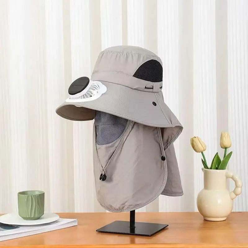 Men Fan Hat Solar Panel Wide-brimmed Shawl Fishing USB Charging Qme light gray