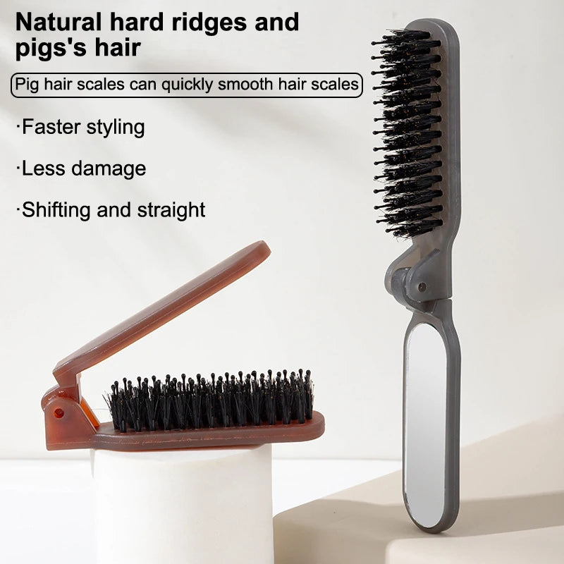 Mane Bristle Hair Brush Foldable Portable Comb Mirror Pocket Qme