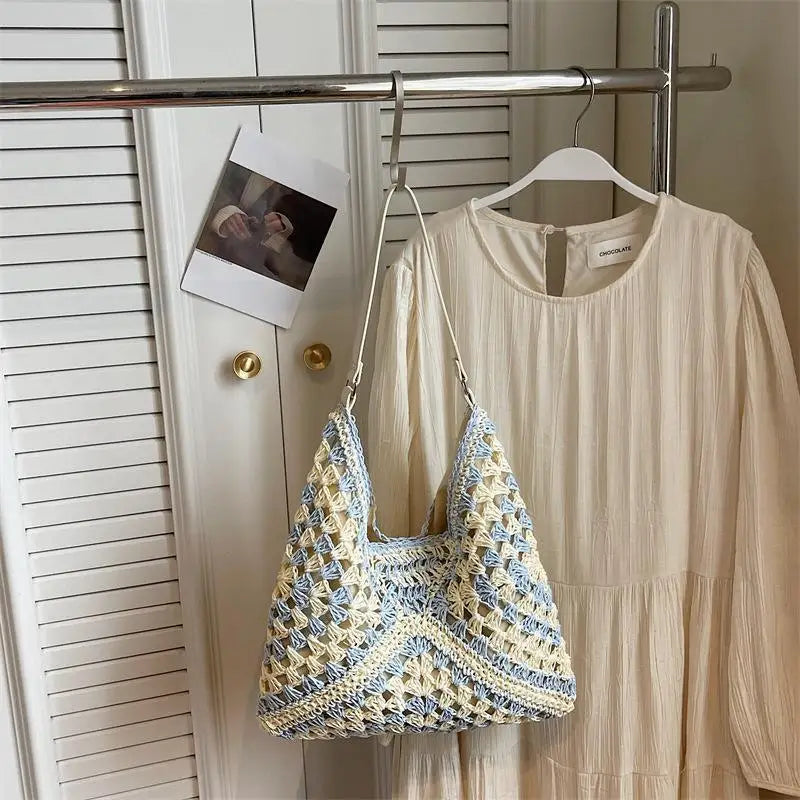 Women's Woven Straw Shoulder Tote: Medium with Handle - Large Capacity Vacation Handbag for Summer Shopping & Travel Qme J