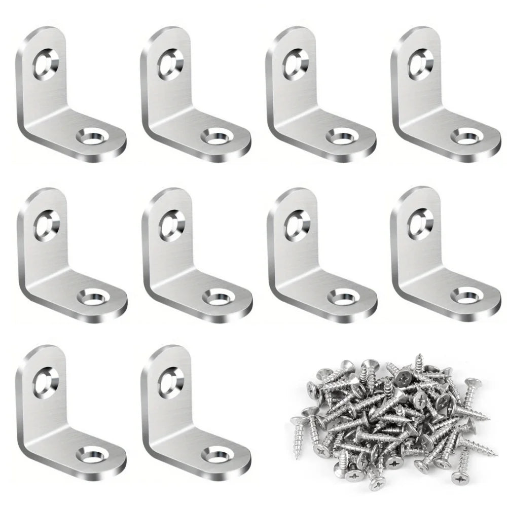 100-10PCS Stainless Steel L-shaped Corner Bracket 90 Degree Furniture Layer Board Fixed Connection Angle Bracket with Screws Qme Silver 10pcs