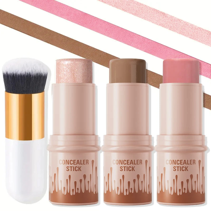 4pcs Set of Contour Stick, Highlight Stick, Blush Stick, Contour Brush, Shapes the Face Contour, Non-Greasy, Waterproof Qme